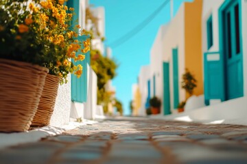 Obraz premium Vibrant Santorini Captivating Travel Photography of Cobblestone Streets and Mediterranean Serenity