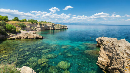 Fototapeta premium Secluded cove, crystal clear turquoise water, rocky coastline, sunny summer day, travel destination