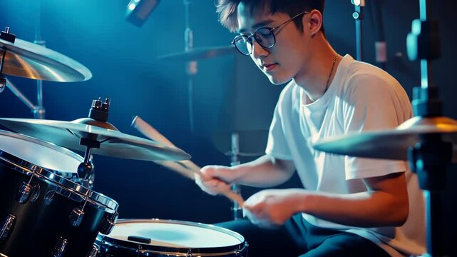 Asian drummer guy plays drums. Bright blue stage light, musical energy. Focused on rhythm, hands hold drumsticks. Live music performance. Kpop band at concert. K pop song musician. Fun teen leisure.