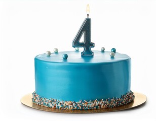 Decorated blue cake for birthday or anniversary party, candle number 4, white background