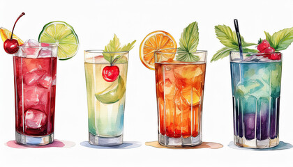 Watercolor set of alcohol cocktails on a white background