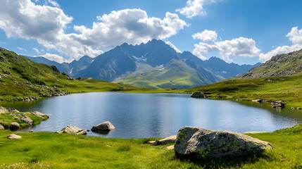 Serene alpine lake reflecting mountains, sunny day, green meadows, ideal for travel brochures