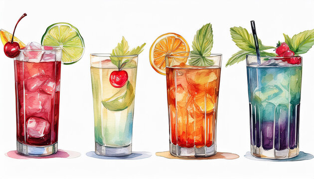 Watercolor set of alcohol cocktails on a white background