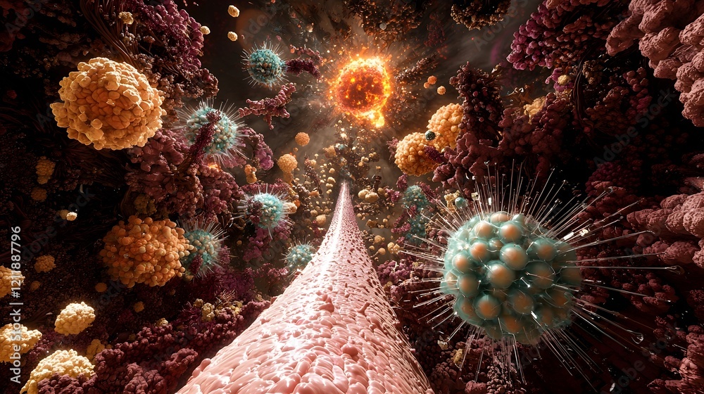 Poster cutting edge visualization of quantum computing technology simulating the response of a tumor to var