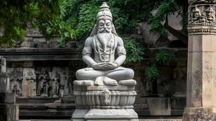 Serene deity statue in a temple courtyard, India.  Peaceful meditation pose, ancient carvings in background; ideal for spiritual, cultural content