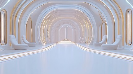Obraz premium Futuristic white corridor, golden accents, relaxation area, background lighting, design concept