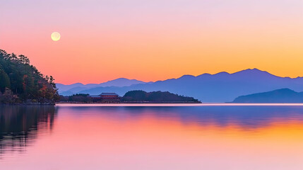 Obraz premium Serene lake sunrise, mountain silhouettes, full moon, tranquil Asian landscape, perfect for travel brochures