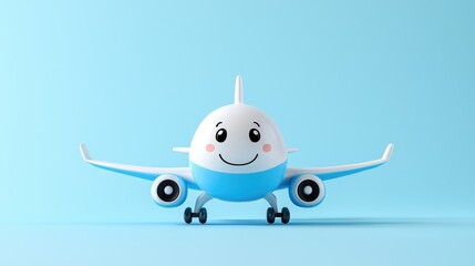 Fototapeta premium Cute cartoon airplane character with a smiling face stands on a light blue background.