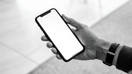 hand holding a mobile phone:black and white 