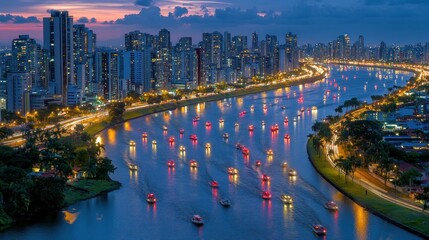 Naklejka premium Night Cityscape: Illuminated River with Boats and City Skyline