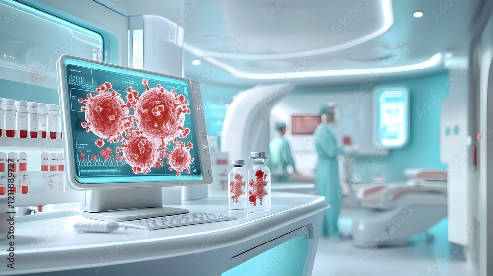 Poster futuristic healthcare setup featuring quantum computing models that analyze the intricate interactio