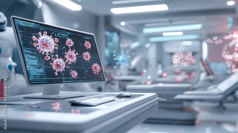 Poster a futuristic healthcare setup where quantum computing models and visualizes the complex interactions