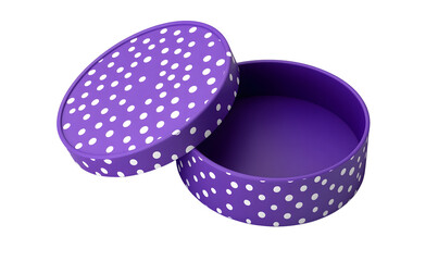 Purple polka dot gift box open, studio shot, white background, packaging mockup