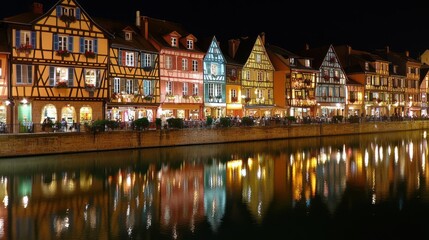 Naklejka premium Night Reflection of Colorful Half-Timbered Houses in Colmar, Alsace, France