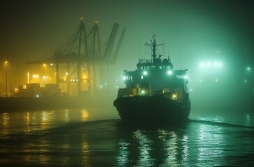 Fototapeta premium A Foggy Night at the Port with a Ship Navigating Through Misty Waters and Cargo Cranes Glowing in the Background, Creating an Atmospheric Maritime Scene