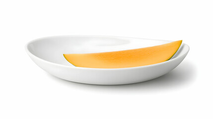 Single mango slice in white bowl, clean background, healthy food photography, website use