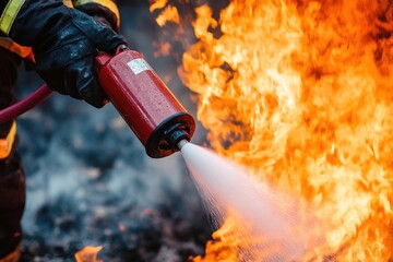 Close-up action shot of a firefighter using a fire extinguisher against intense flames, capturing the power and urgency of fire safety 