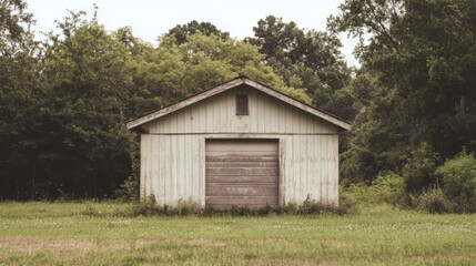 Rustic white shed in a grassy field, surrounded by lush green trees.