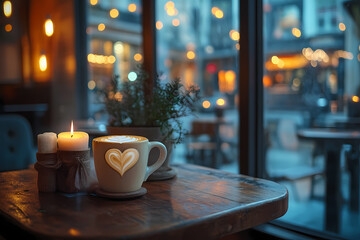  A creamy cappuccino with a heart-shaped foam art, placed on a cozy cafe table, symbolizing love and relaxation