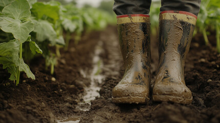 Muddy boots in a vegetable field after rain