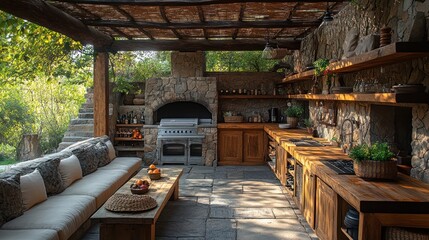 Rustic Outdoor Kitchen Oasis: Stone, Wood, and Tranquility