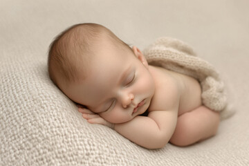 Sleeping Baby, Beige Blanket, Copy Space.