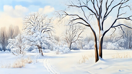 Fototapeta premium Snowy winter landscape, path through snow-covered trees, calm sunrise, idyllic winter scene, perfect for winter themed designs