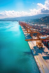Naklejka premium Aerial View of a Busy Container Port with Cranes and Shipping Containers Against a Bright Blue Sky and Turquoise Water