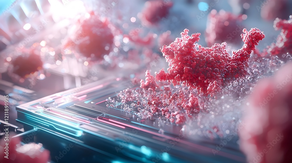Poster futuristic digital laboratory visualizing the effects of quantum computing models that simulate the 