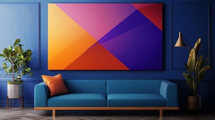 Abstract Geometric Artwork Above Blue Sofa In Modern Room