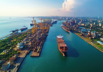 Naklejka premium Aerial View of a Busy Port with Large Cargo Ships, Industrial Cranes, and City Skyline Under a Beautiful Sky Reflecting in Water, Perfect for Maritime or Urban Landscapes