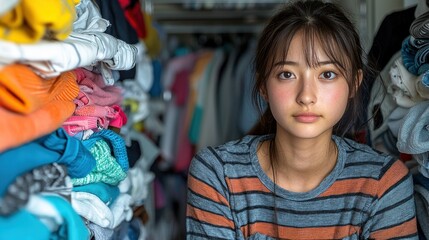 Obraz premium Teenage Girl Amidst a Pile of Clothes in a Closet