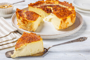 San Sebastian or Basque burnt cheesecake on plate