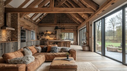 Rustic Farmhouse Living Room with Exposed Beams and Large Windows
