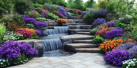 Cascading waterfall and stone steps in a vibrant flower garden.