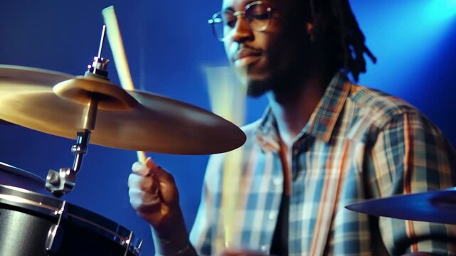 African American drummer guy plays drums. Bright blue stage light, musical energy. Focused on rhythm, hands hold drumsticks. Live music performance. Rock band at concert. Black musician. Fun leisure.
