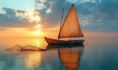 Sunset sailboat, calm water, fishing net.