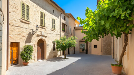 Naklejka premium Sunny Italian village alleyway, stone buildings, lush greenery, peaceful atmosphere, ideal for travel brochures