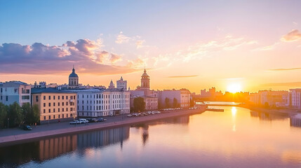 Fototapeta premium Sunrise over city river, buildings reflecting, calm water, peaceful morning, ideal for travel brochures