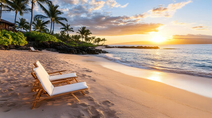Sunset beach chairs tropical paradise ocean relaxation vacation