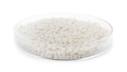 Plastic granules in petri dish isolated on white