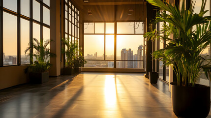 Fototapeta premium Sunset view from modern office lobby; city skyline backdrop; ideal for corporate presentations