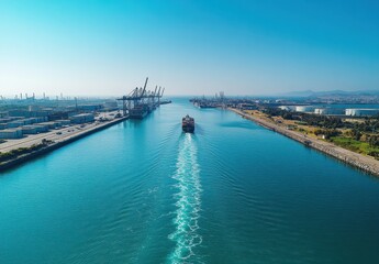 Fototapeta premium Aerial View of a Shipping Channel with Container Terminal and Cargo Ship Navigating Through Calm Blue Waters Under Clear Sky