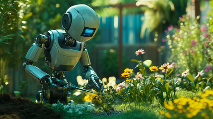 robotic assistant gardening in a lush backyard, planting flowers