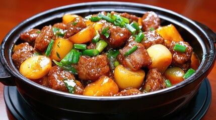 Beef and potato stew in a clay pot, served on a wooden table.  Restaurant food photography for menus