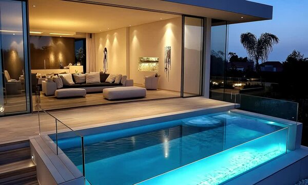 Stunning luxury home with modern pool and elegant outdoor living area illuminated at night creating a serene and inviting atmosphere perfect for relaxation and entertainment