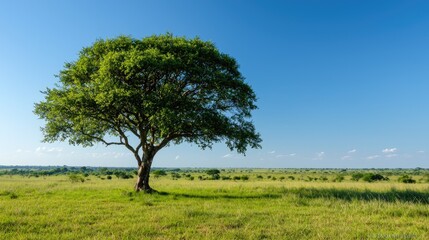Obraz premium Solitary tree in African savanna under a clear blue sky; ideal for nature documentaries or travel brochures