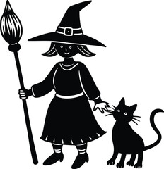 Witch with a broomstick and a cat vector illustration, witch with a broomstick and a cat silhouette vector art, witch with a broomstick and a cat line art vector