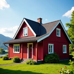 Obraz premium Red facade of a Norwegian cottage with a gray pointed roof, brown chimney, and lush green surroundings, pointed, gray