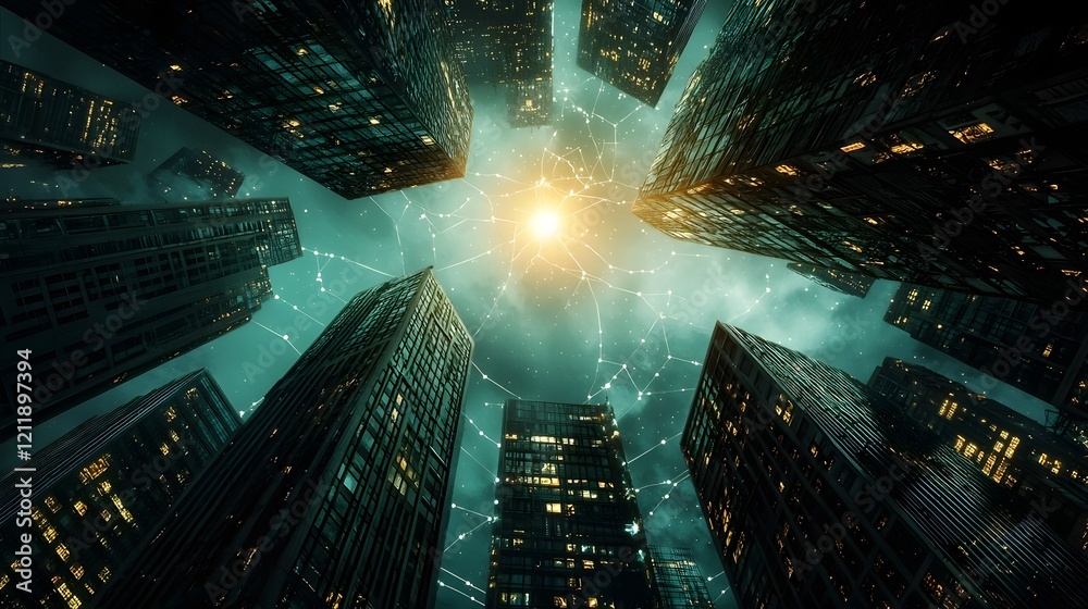 Poster a futuristic cityscape featuring towering skyscrapers powered by quantum computing technology optimi